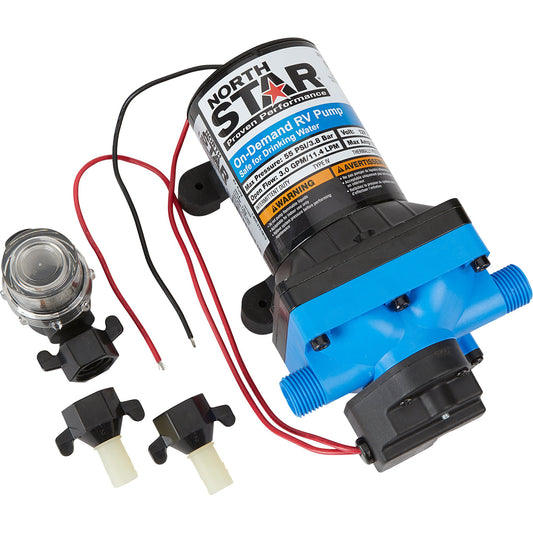 NorthStar 12V On-Demand RV Potable Water Pump 11.3 LPM/3.0 GPM, 55PSI -  1/2in. NPS-M Ports